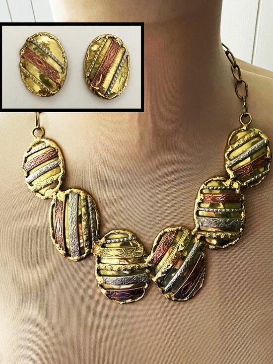 MACHES Jewelry - Handcrafted Mexican Artisan Mixed Metal Bib Choker Necklace & Earrings – Signed